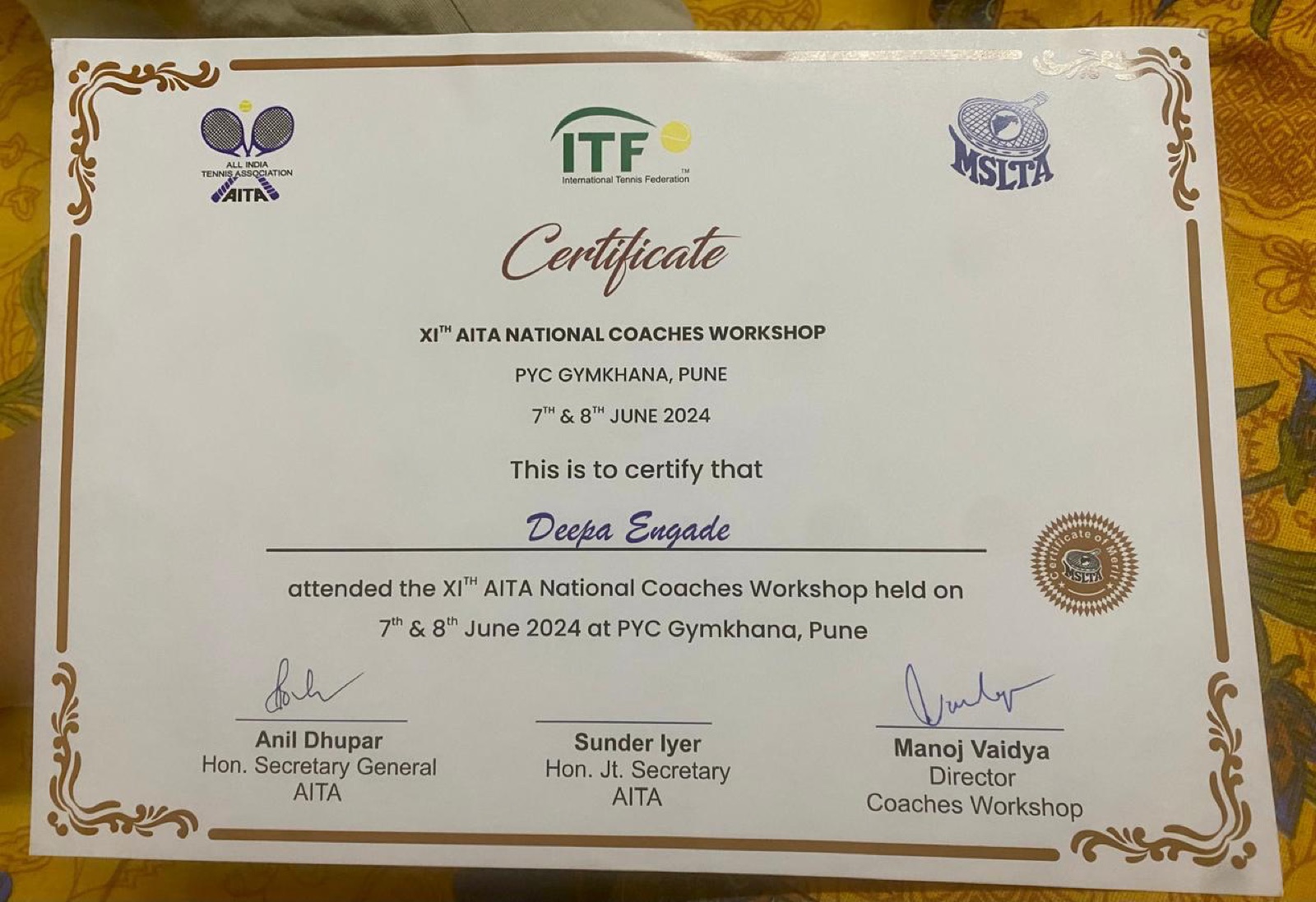 Certificate — XIth AITA National Coaches Workshop, PYC Gymkhana Pune, June 2024, awarded to Deepa Engade